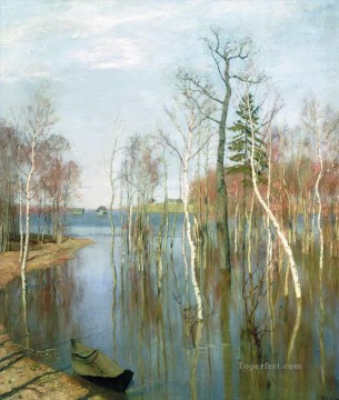 風景 Painting - 春の高水域 1897 アイザック レヴィタン川の風景